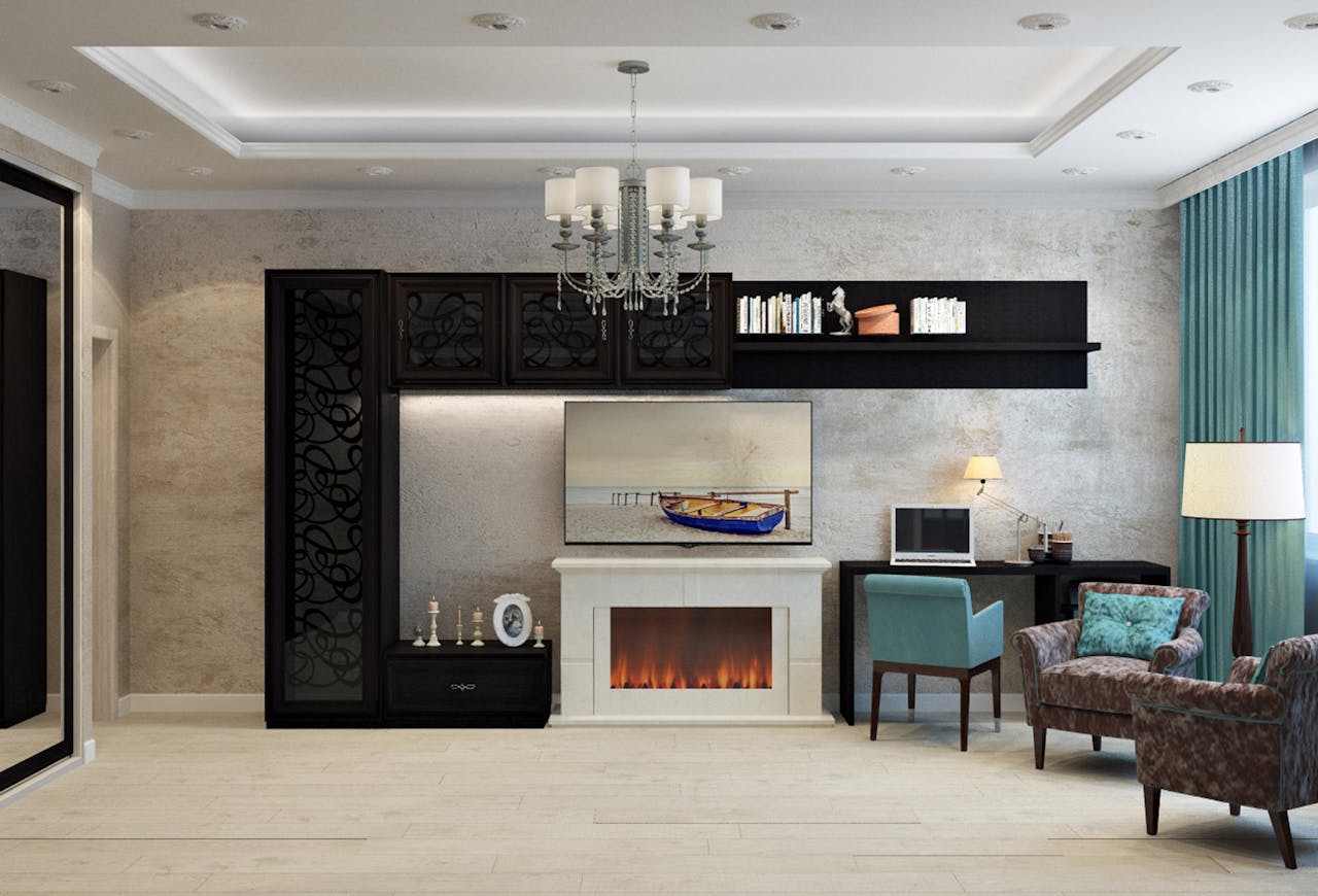 About Elegant modern interior living room with fireplace and stylish decor.