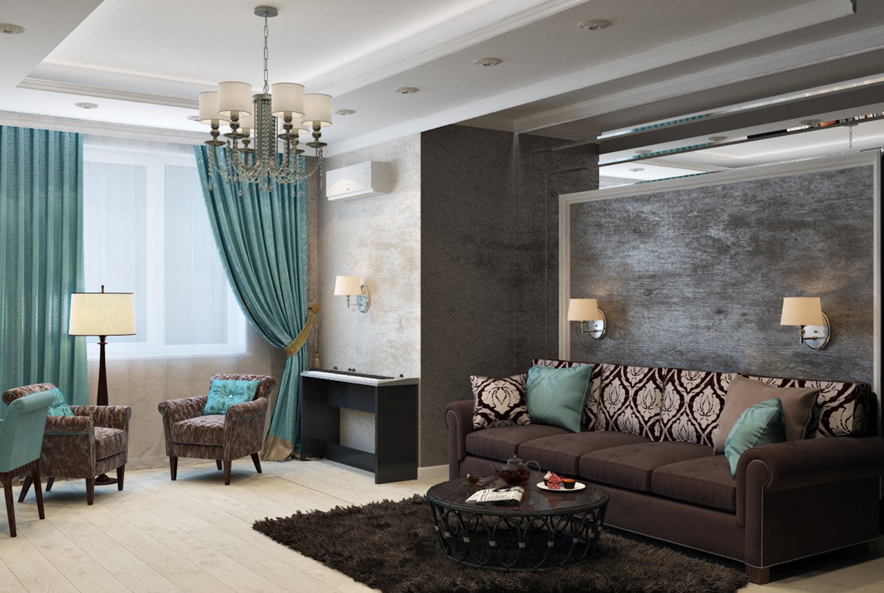 Services Luxurious modern living room with chandelier, sofa, armchairs, and stylish decor.