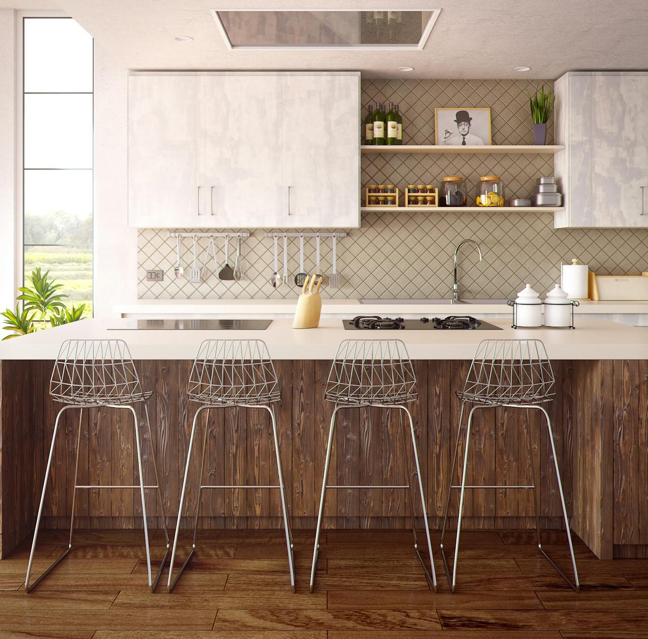 Services Chic minimalist kitchen design featuring wooden accents and modern bar stools.