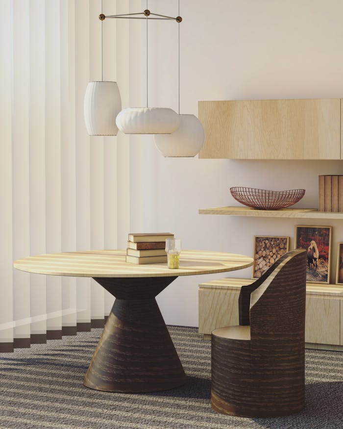 Services Contemporary living room with wooden furniture and creative decorations. Ideal for interior design inspiration.